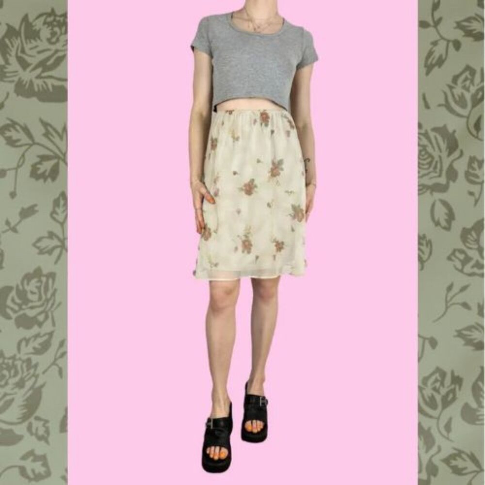 Y2K Cream Floral Fairy Midi Skirt - Authentic Vintage Size Small